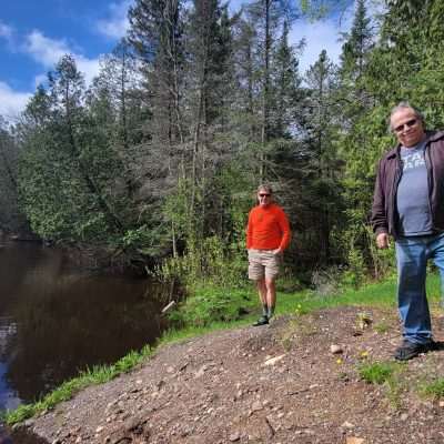 Fishing point above Pentoga Road Bridge National Forest Road 2446. This point is perfect fishing point on the Wisconsin side. There is a path that can be flooded due to spring activity. Find your native trout here on the Brule River. One guy is from Wisconsin, one guy is from Colorado, guess which is which :).