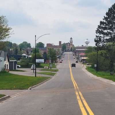 Crystal Falls Michigan in the U.P. Hwy 69 : Up hill is the Iron County Court House.