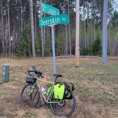 A stop at the top of a hill on the way to Eagle River. I was riding St Louis Rd and crossing Deerskin Rd. Early Spring 2023. It is 58 miles from Pentoga to Eagle River Camps.