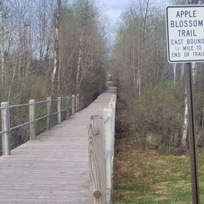 The Apple Blossom Trail here is half way form Iron River next to the Historical Museum in Caspian MI and will pass next to the big mine shaft. Along Iron River, beware if wet, the wood planks are very slippery when wet.