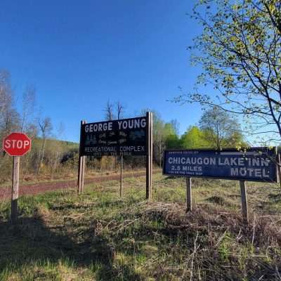 Signs on the State Line Trail for George Young Rec area. They have a world class golf course, pool, bar and restaurant, club house, sauna and showers, hiking and bike and X-SKI trails. Yooperwebcam.com has webcams at George Young installed 2023. The Chicaugon Lake Inn is a nice little motel clean and modern right next to the boat launch at Chicaugon Lake.