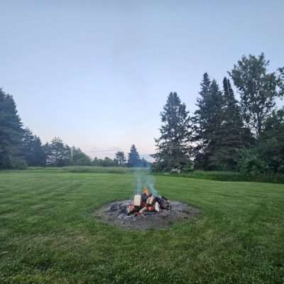 Outdoor campfire surrounded by grassy field and trees.