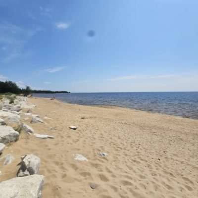 Sandy beach with ocean and clear sky