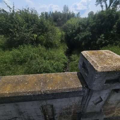 Old concrete bridge over a stream with greenery.