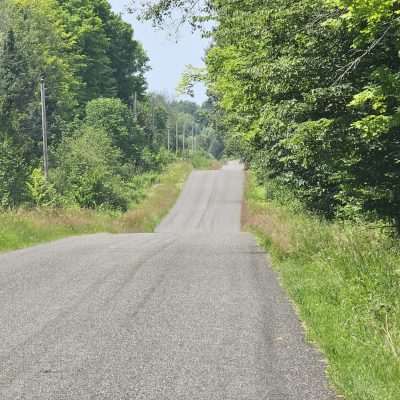 Long rural road with lush green trees.