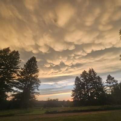 Dramatic clouds over a meadow at sunset