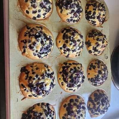 Freshly baked blueberry muffins in a tray