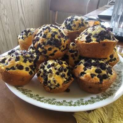 Plate of homemade blueberry muffins.