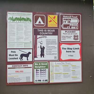 National forest rules and safety notices.