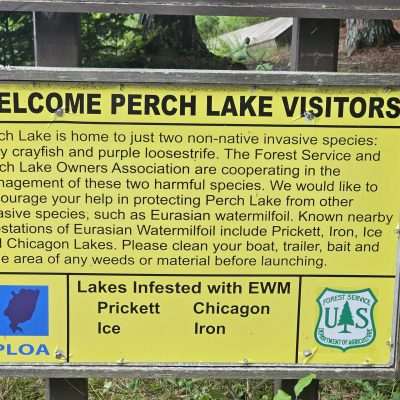 Notice about invasive species at Perch Lake.