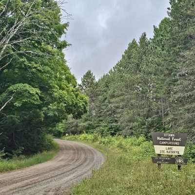 Ottawa National Forest campground sign on forest road.