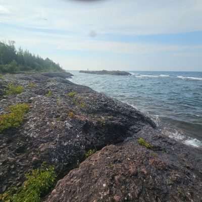 Rocky shoreline with forest and ocean waves.