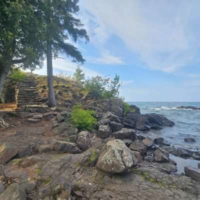 Rocky shoreline with trees and stairs, ocean view.