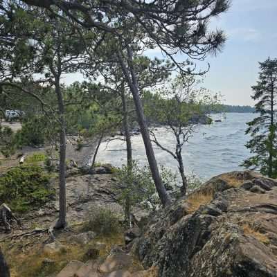 Rocky shoreline with trees by a lake