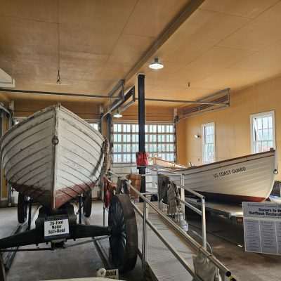 Restored surf boats in Keweenaw County Coast Guard historical society building.