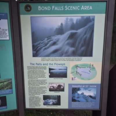 Bond Falls informational sign with images and text.