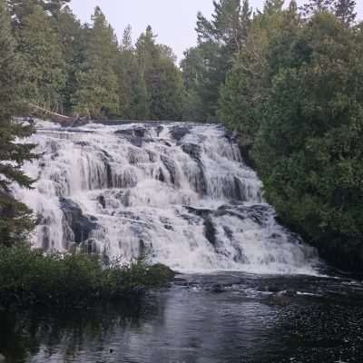 Cascading waterfall in forested area