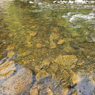 Clear river water flowing over rocks.