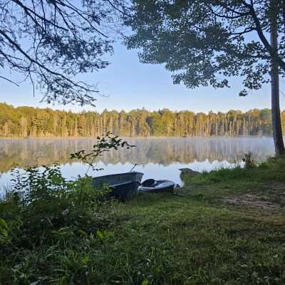 Serene lake with boats surrounded by trees.