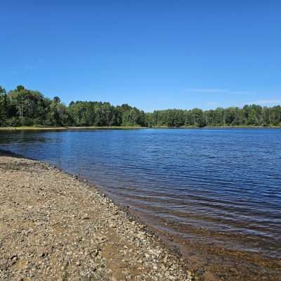 Lake shore with forest in background on part of the vast Michigamme Reservoir.