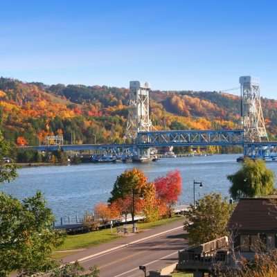 Houghton Hancock bridge with autumn foliage