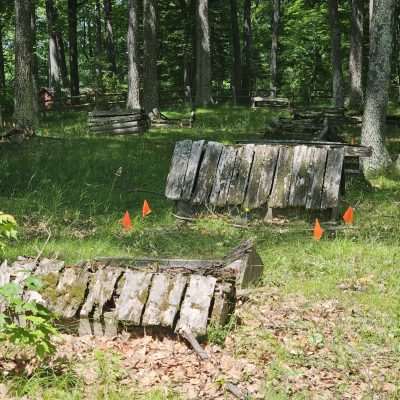 Old wooden benches with orange markers in forest.